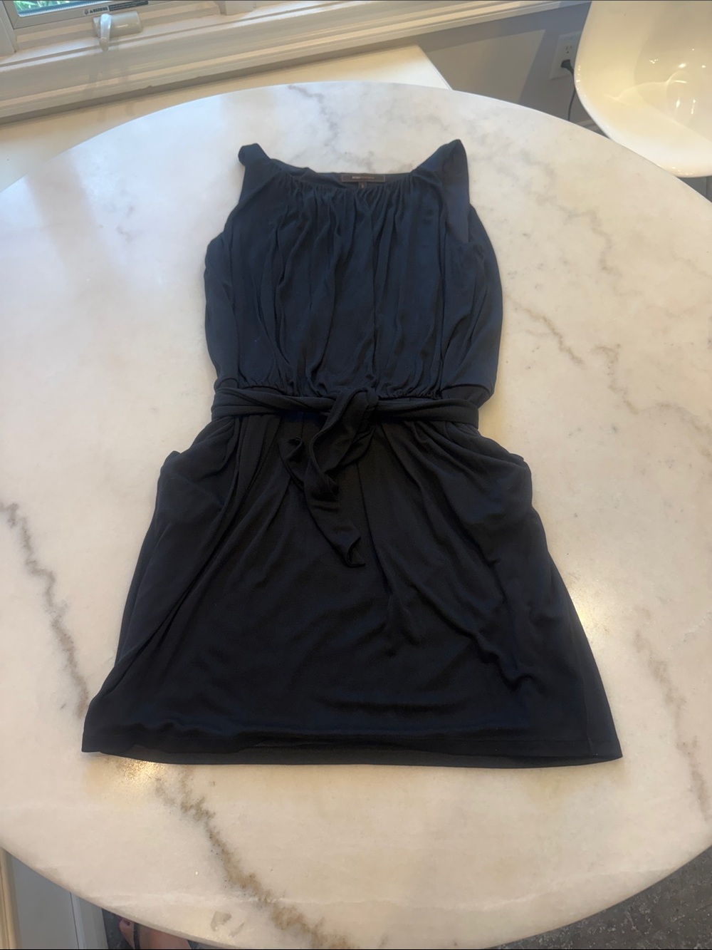 NWOT BCBGMaxAzria Black Sleeveless Tie-Waist Mini Dress with hip pockets
